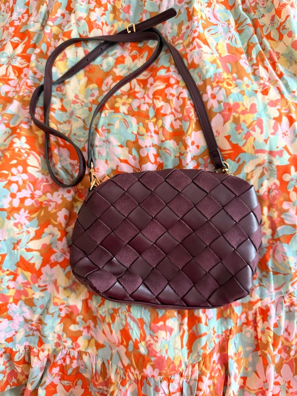 Vintage Brown Maroon Woven Leather Crossbody small Bag